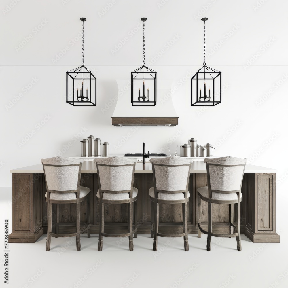 Fototapeta premium 3D Render of a transitional farmhouse kitchen island with upholstered bar stools and pendant lighting, on isolated white background, Generative AI