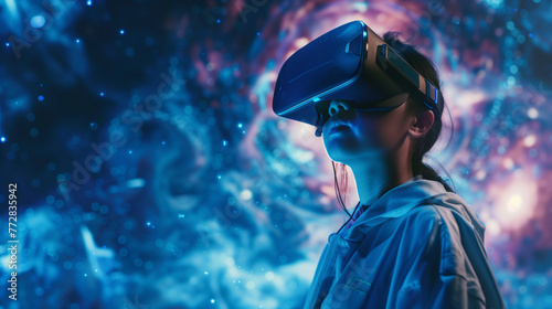 Young Woman Immersed in a Virtual Reality Experience with a Vibrant Cosmic Background