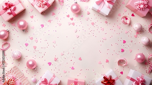 Happy birthday background with copy space. a gift box, confetti, and balloons.