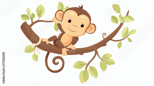 Cartoon baby monkey climbing tree branch Flat vector
