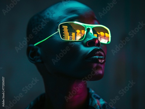 a woman wearing sunglasses with neon lights