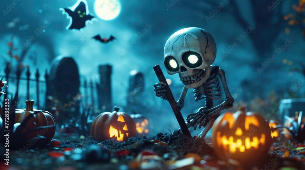 A skeleton is holding a shovel and looking at the viewer. It is in a graveyard surrounded by pumpkins and tombstones. A full moon and bats are in the background