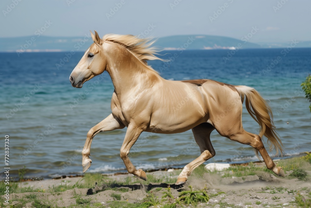 riderless palomino galloping freely by the sea