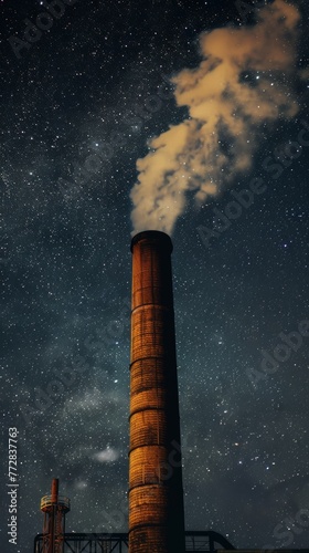 Industrial smokestack emitting smoke against starry night sky