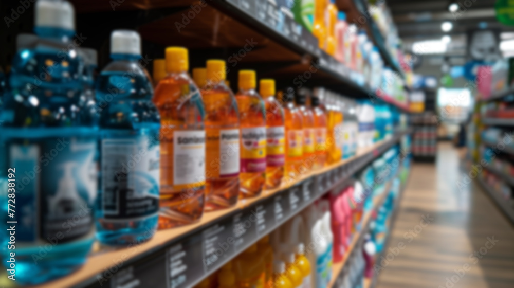 Blurred store shelves filled with bleach, sanitiser Blurred store shelves filled with bleach, sanitiser