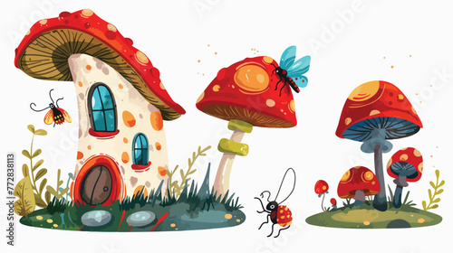 Cartoon funny insects with mushroom house Flat vector