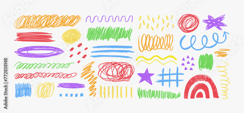 Colorful Crayon Pencil Scribble Textures and Shapes. Children's Charcoal Hand Drawn Doodle Scratches. Vector Elements of Waves, Squiggles, Circles, Lines, Star, Scratches for Patterns, Templates