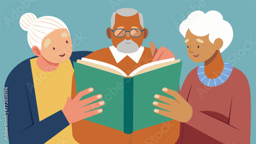 The grandparents wrinkled but loving hands hold the book open flipping through the pages with ease as they share a treasured moment of