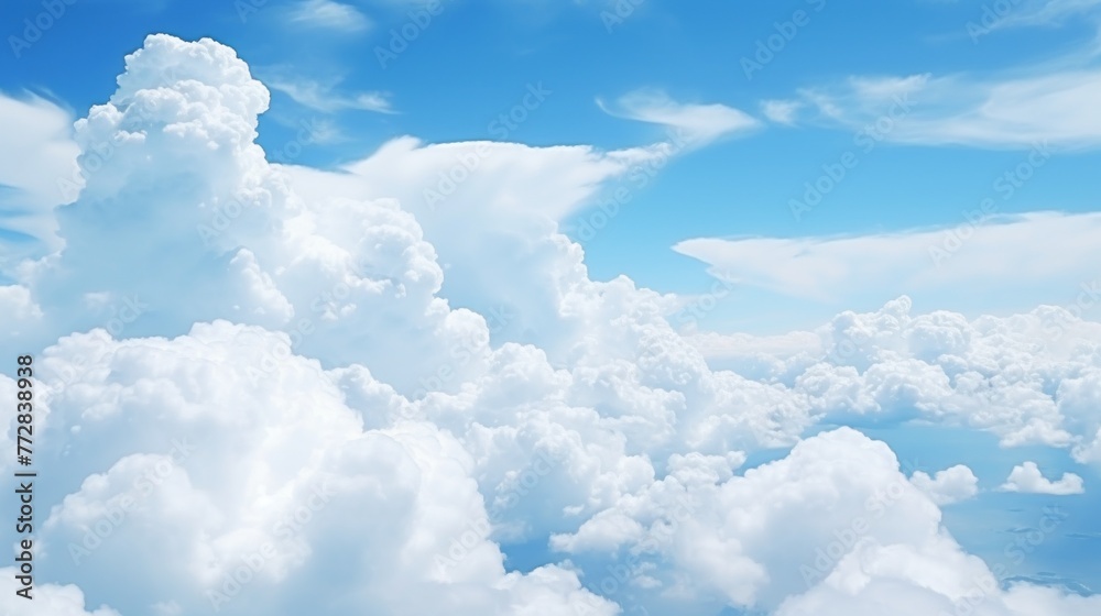 The sky is filled with fluffy white clouds, creating a serene The sky is filled with fluffy white clouds, creating a serene