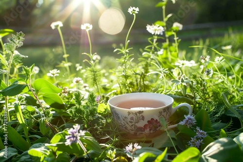 tea cup nestled among fresh meadow herbs in sunlight