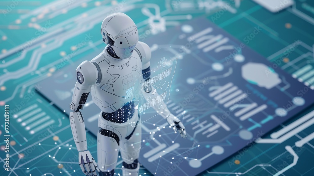 Robot Standing on Top of Blue Circuit Board Robot Standing on Top of Blue Circuit Board
