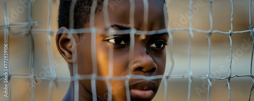 Black boy from poor family with serious expression stands behind fence. Sad child faces barriers imposed by socioeconomic circumstances. photo