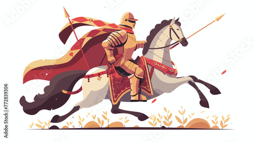 Cartoon knight riding a horse with lance Flat vector