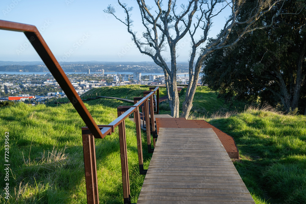 Raised boardwalk around the crater at Mt Eden summit. Auckland.