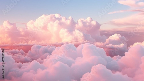 The sky is filled with fluffy pink clouds, creating a serene