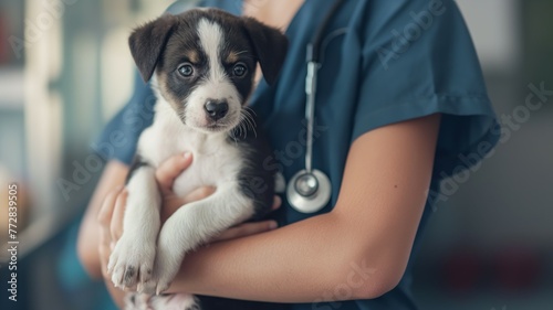 Veterinarian cuddling a black and white puppy