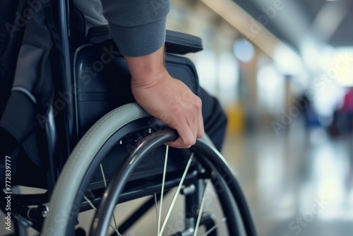 closeup of hand on wheelchair wheel in airport terminal
