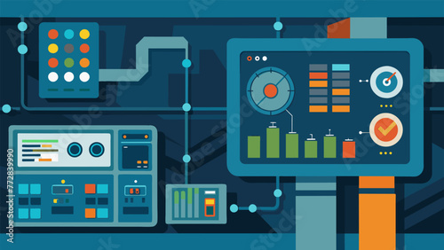 Closeup of an industrial control panel with a magnified view of a digital screen displaying a variety of visual representations of IIoT data.