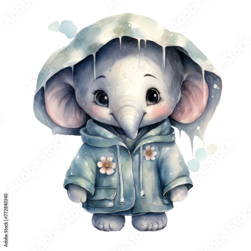 A cute elephant wearing a blue jacket and a blue umbrella. The elephant has a flower on its jacket