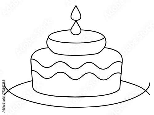 Continuous Single Line Drawing of Birthday Cake with Candles: Sweet Celebration Symbol in Simple Linear Style. Editable Stroke. Doodle Vector Illustration of Pastry Confectionery Icon Concep © Maruf