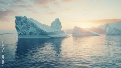 Sunset over serene sea with icebergs