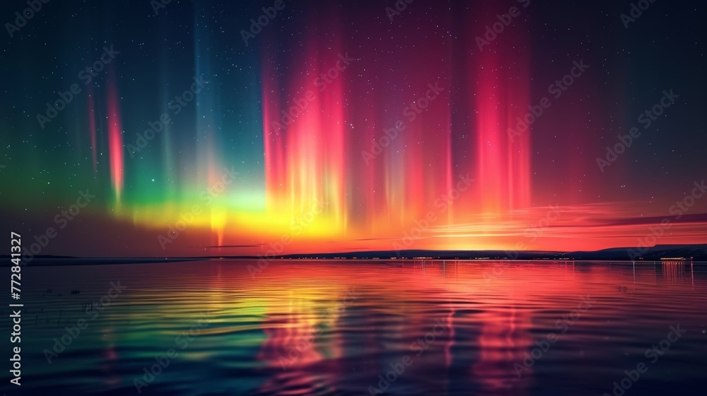 Vibrant aurora borealis over a calm lake at sunset