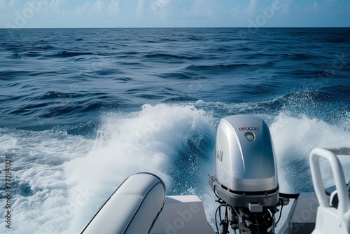 individual steering boat with outboard engine at sea photo