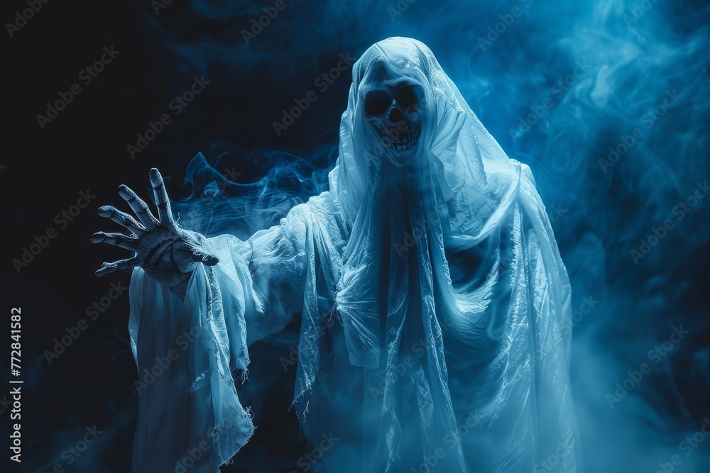 ghost skeleton in the smoke horror - obrazy, fototapety, plakaty 