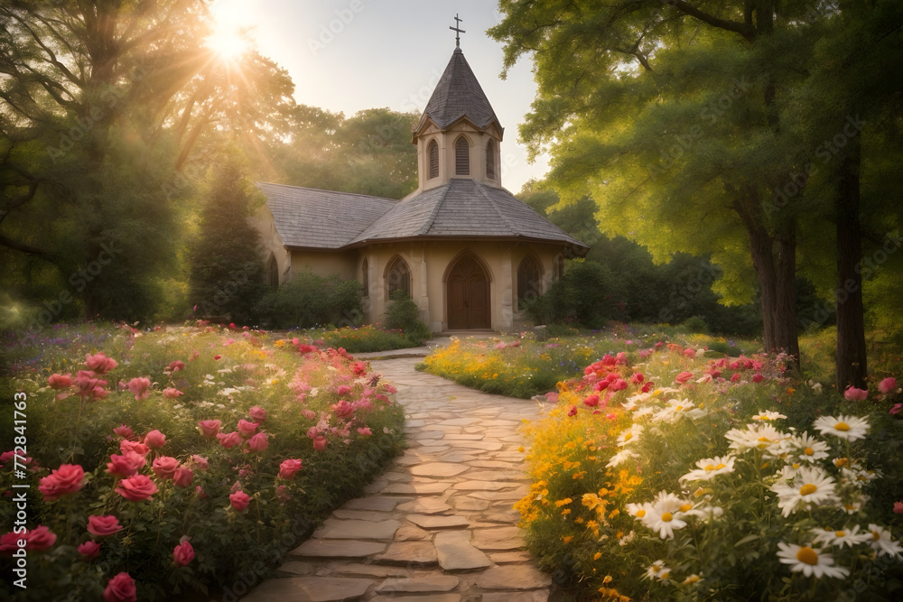 Naklejka premium Flowers blooming with a church background