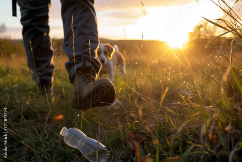 dog walker spotting plastic bottle in grass, sunset hues