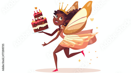 Redfi3 african fairy girl flying carrying cake flat vector isolated