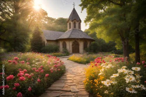 Flowers blooming with a church background