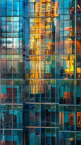 Reflections of urban buildings on modern glass facade