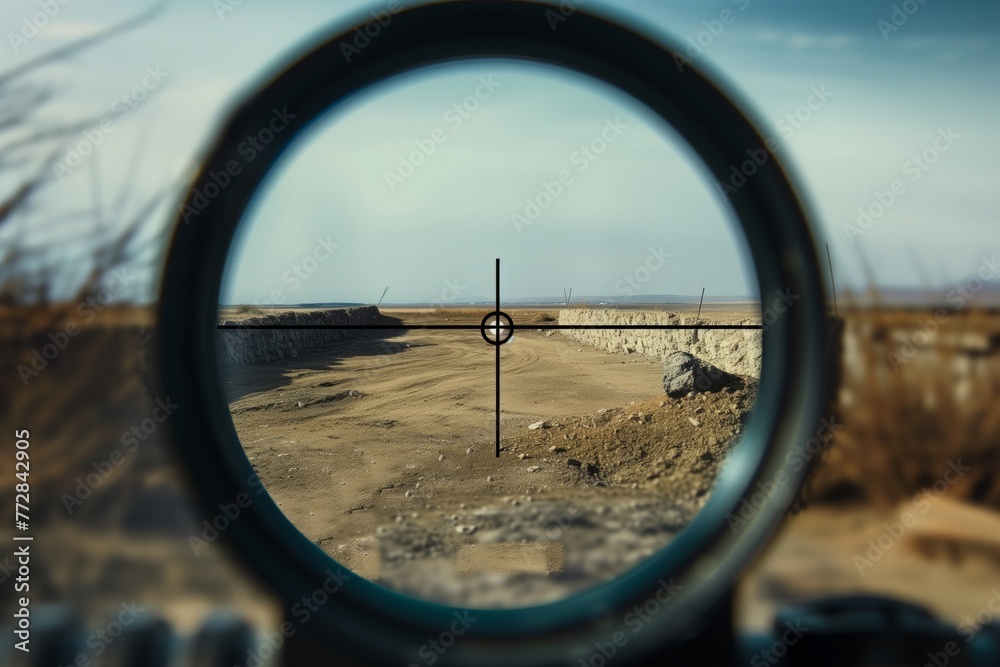 snipers pov through crosshairs at a distant target - obrazy, fototapety, plakaty 