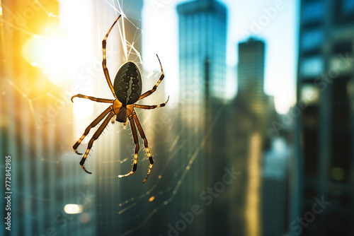 spider crawling on a skyscraper window