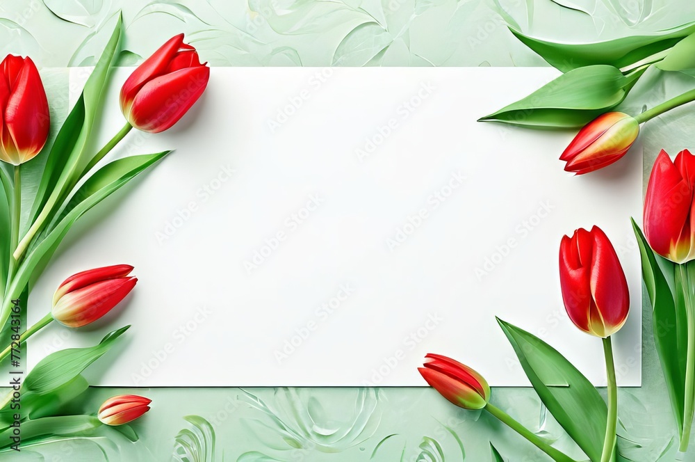Background with bouquet of tulips, red flowers on a white background. Flat lay, top view. Background with bouquet of tulips, red flowers on a white background. Flat lay, top view.