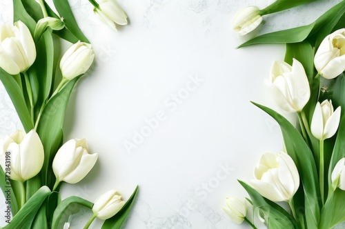 Background with bouquet of tulips, White flowers on a white background. Flat lay, top view.