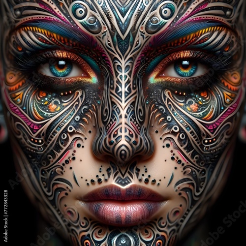High resolution macro image of a tribal princess with a tattoo on her face.