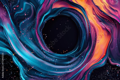 Abstract circle liquid motion flow explosion, curved wave colorful pattern with paint drops on black