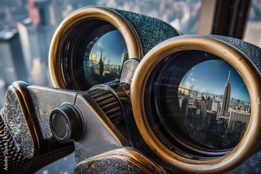 tourist binoculars showing a city panorama within lenses - obrazy, fototapety, plakaty 