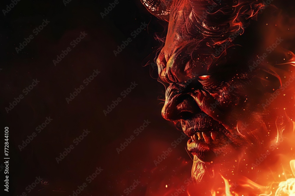 Angry devil profile, copy space, black background, hell concept art. Digital illustration. - obrazy, fototapety, plakaty 