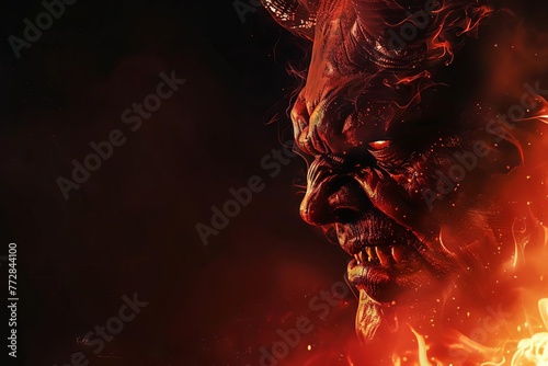 Angry devil profile, copy space, black background, hell concept art. Digital illustration. photo