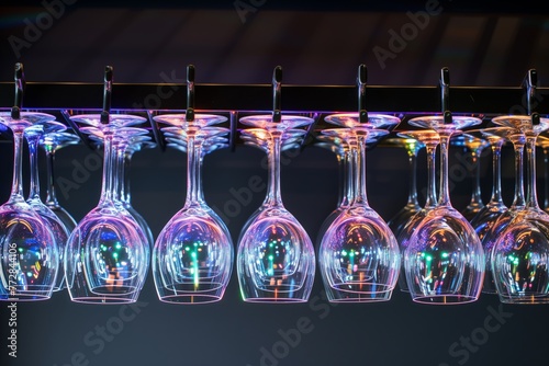 wine glasses hanging upsidedown on a rack with led highlights