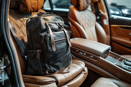 professionals backpack on leather office chair in a luxury car