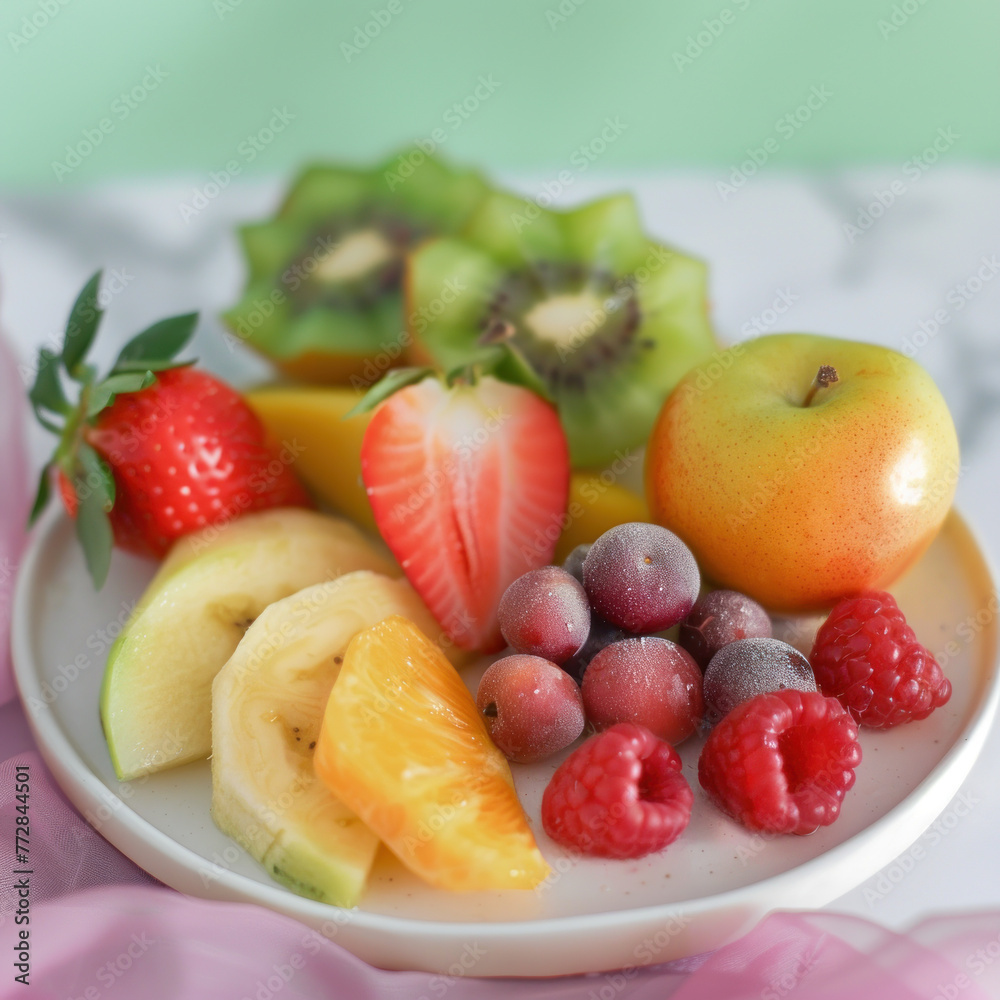 A delightful assortment of ripe fruits, featuring kiwi, grapes, and berries, arranged on a pastel-colored plate for a healthy treat.