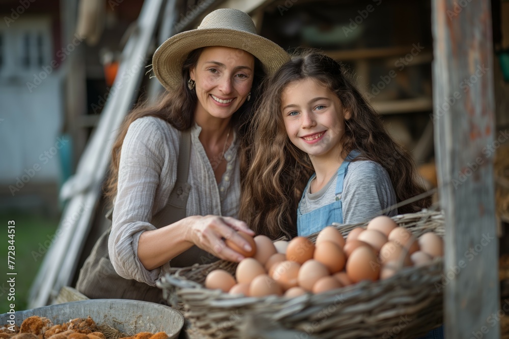 Mother and daughter gathering eggs on a farm