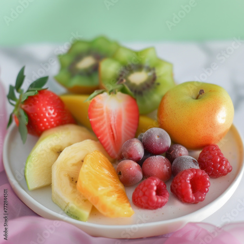 A delightful assortment of ripe fruits, featuring kiwi, grapes, and berries, arranged on a pastel-colored plate for a healthy treat.