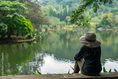 visitor contemplating nature by a calm lake within the resort
