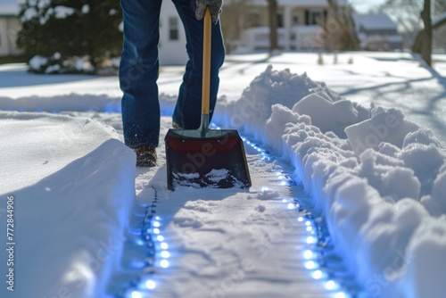 person shoveling snow on a pathway with frostresistant led markers photo