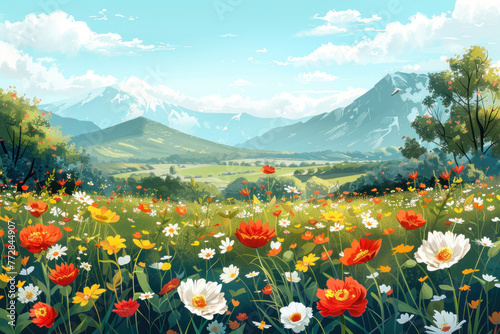 A charming illustration of a wildflower meadow, with a vibrant collection of flowers dancing under a clear blue sky.